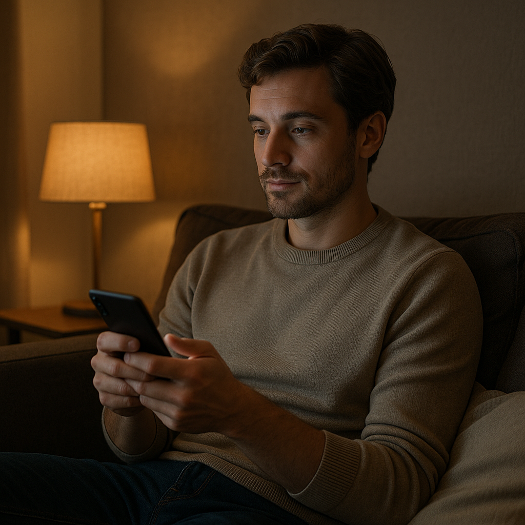Man sits on a sofa in a dim living room, focused on a smartphone in his hands beside a warm-lit lamp.
