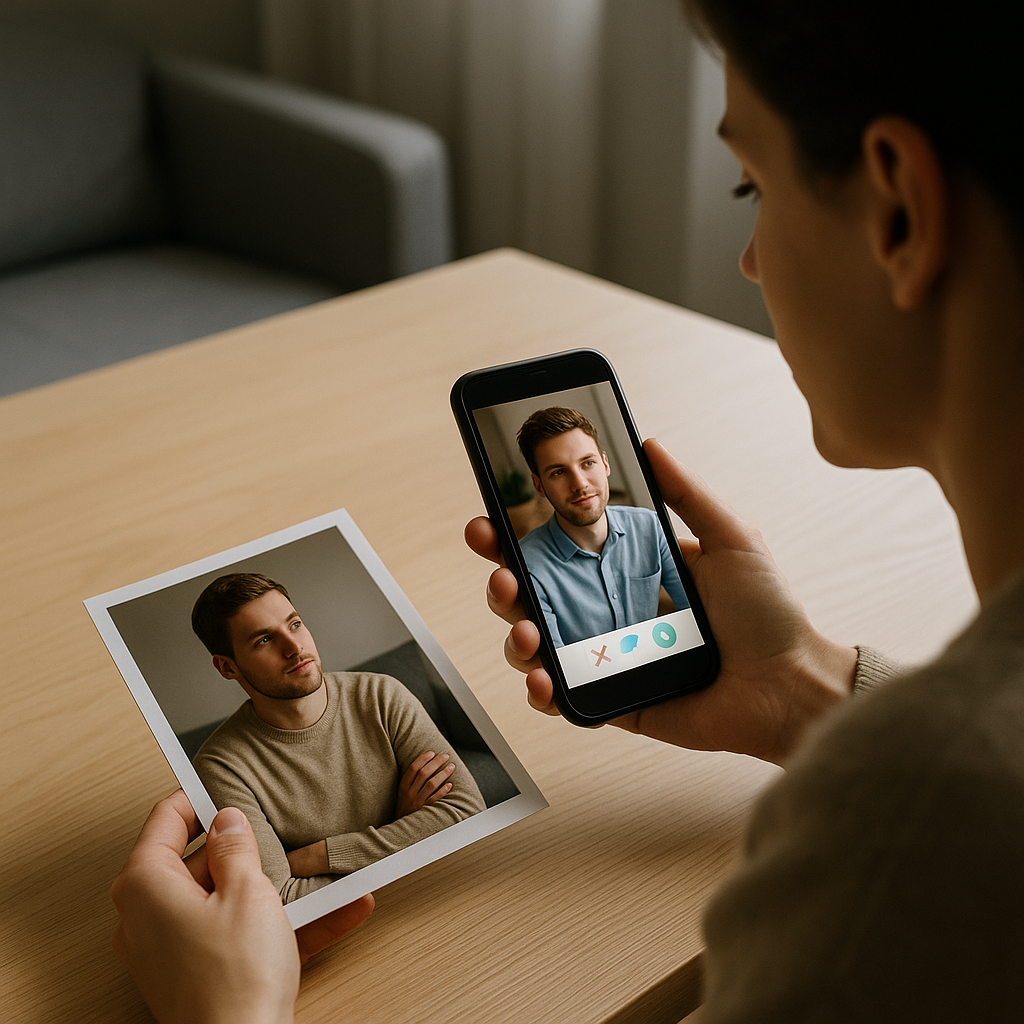 Person holds a printed photo of a man wearing a beige sweater while another man appears on a video call on a smartphone.