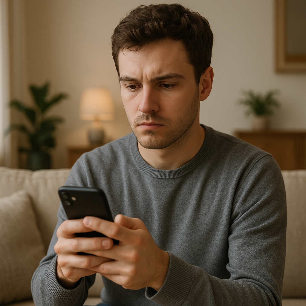 Young man in a gray sweater sits on a beige sofa indoors, focused on his smartphone.