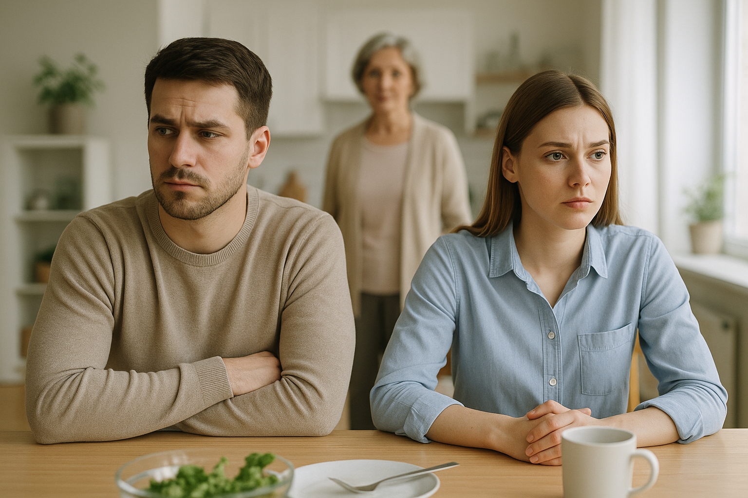 Man and woman sit at a kitchen table with serious expressions, an older woman stands behind them in a doorway.