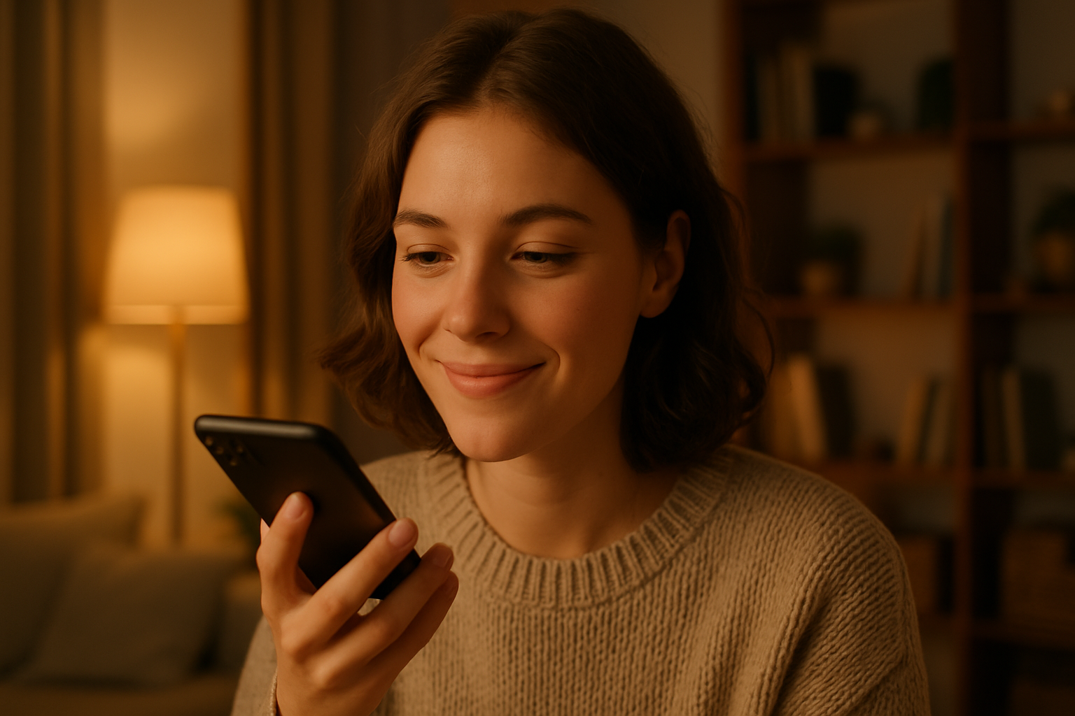 Young woman in a cozy living room glancing at and smiling at her smartphone in warm ambient lighting.